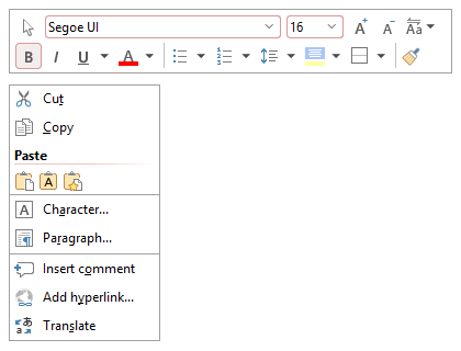 Context menu with an integrated toolbar